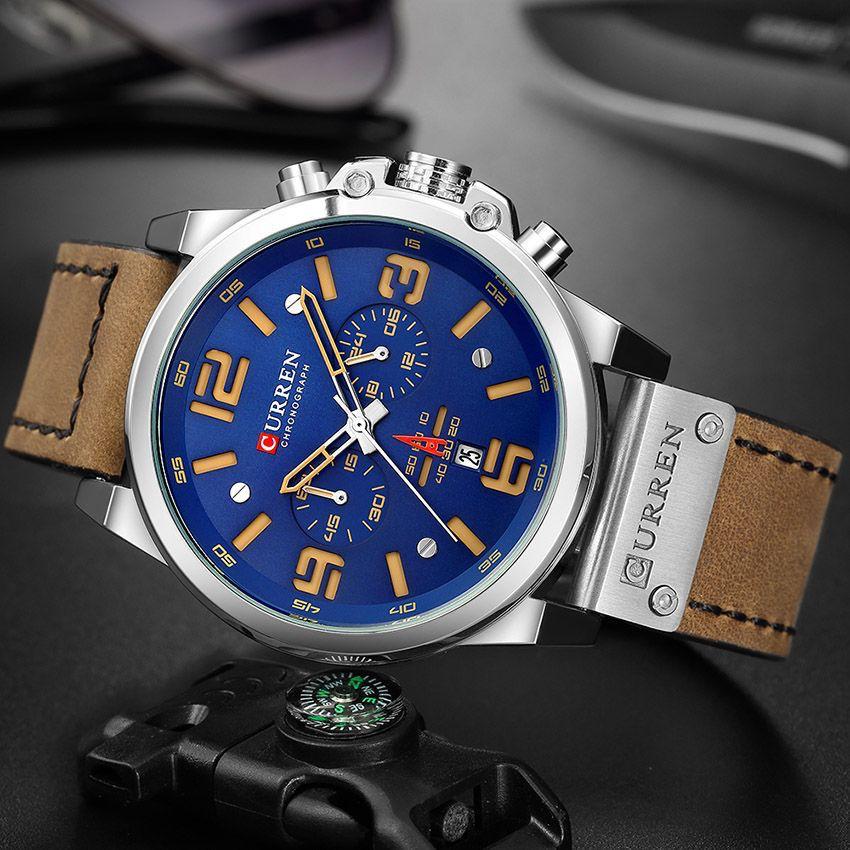 Reloj curren para caballero gris pulso cuero cafe caja azul original.